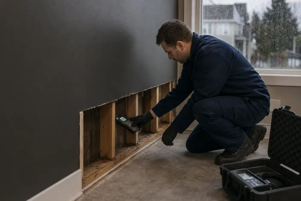 Restoration technician measuring moisture inside an opened residential wall