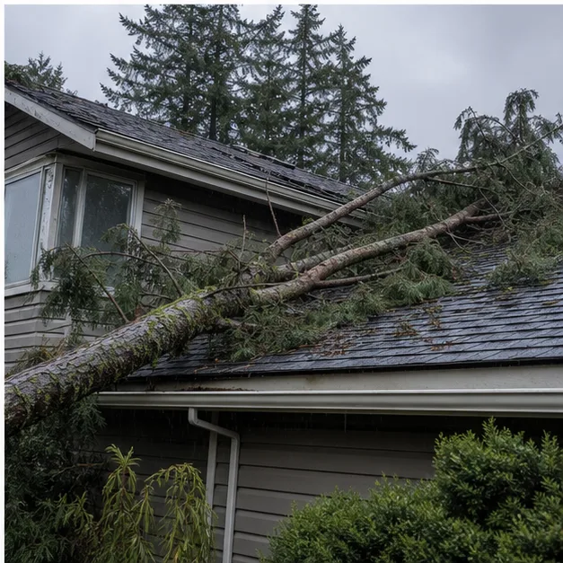 Fallen tree limbs resting against a rain-soaked residential roof after a storm