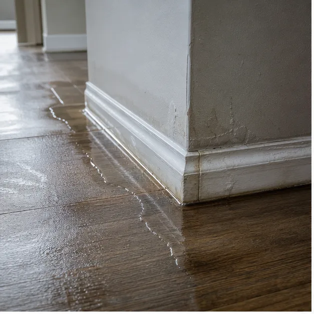 Water intrusion visible along a residential baseboard and floor